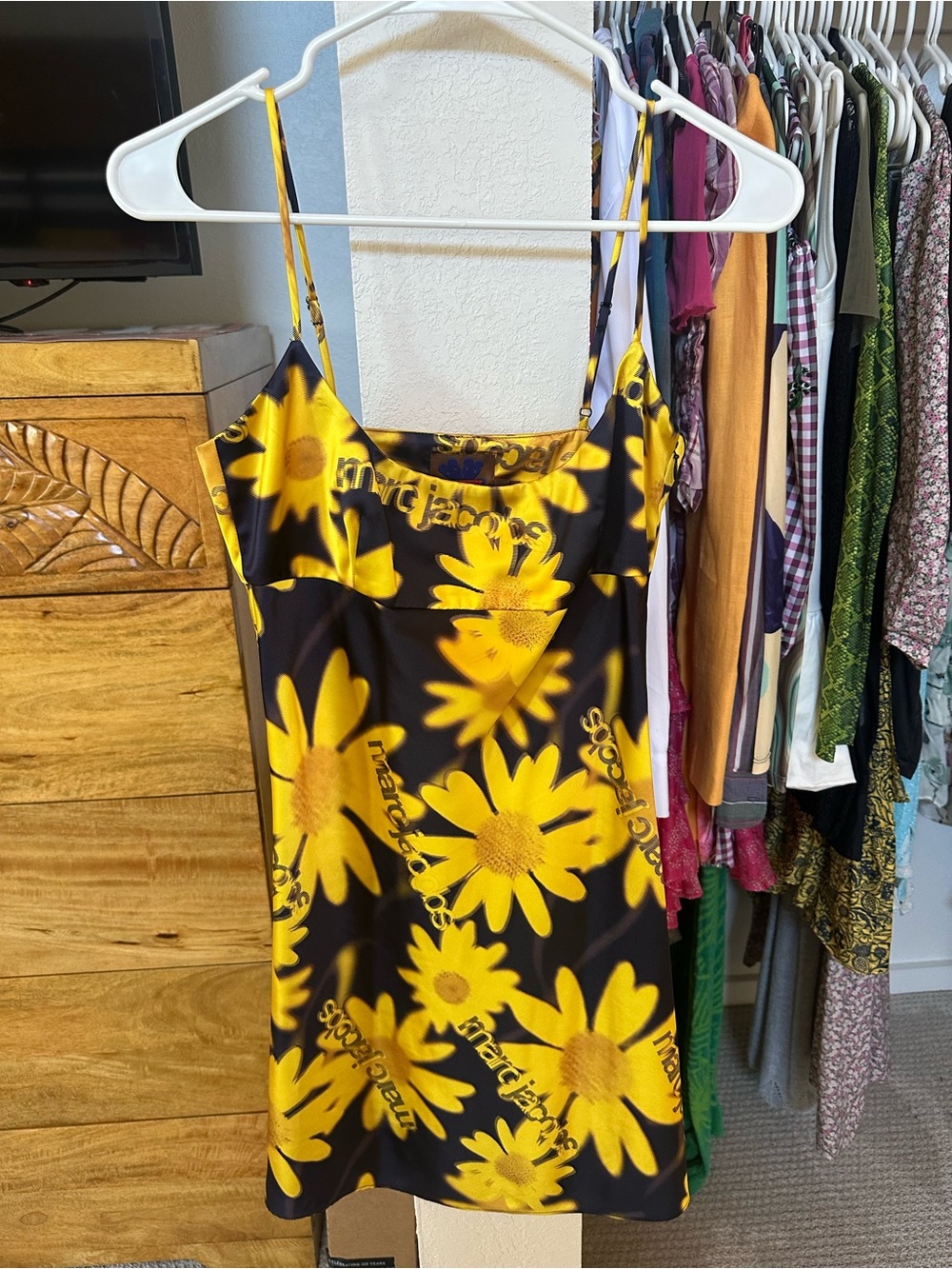 Marc Jacobs Black Slip Mini Dress with Yellow Daisy Print